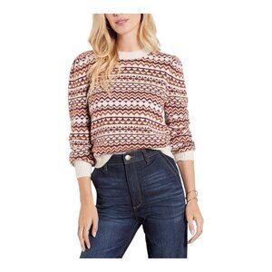 Evereve Haylo Fair Isle Pullover Sweater Size XL Puff Sleeve Cream Brown NWT